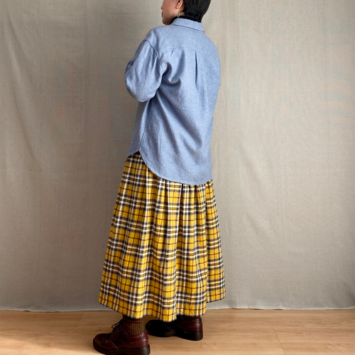 イエロータータンチェックのタックスカート ロングスカート ロング