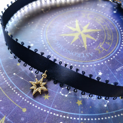 ジルコニアラッキースターが輝く夜空のアミュレットチョーカーネックレス 星 宇宙 2枚目の画像