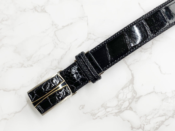 日本製　クロコダイル　３０㎜巾　ベルト　三つ編みメッシュ縫い込み　ボンベ加工　真鍮 エポキシ樹脂金具　エキゾチックレザー 画像参照