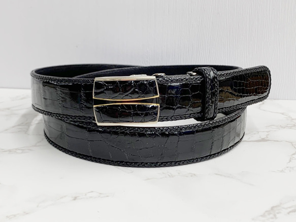 日本製　クロコダイル　３０㎜巾　ベルト　三つ編みメッシュ縫い込み　ボンベ加工　真鍮 エポキシ樹脂金具　エキゾチックレザー 画像参照