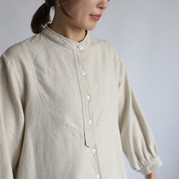＊初夏ＳＡＬＥ　リネン麻コットン　スタンド襟　ゆったり変形　ロング　シャツ　羊飼いシャツ画家シャツU13 6枚目の画像