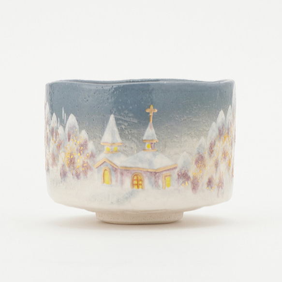 楽焼茶碗「聖夜の教会」 抹茶碗 茶道具 クリスマス 手描き 茶碗・めし