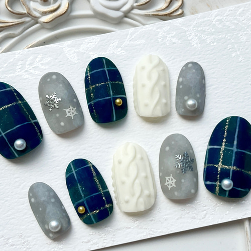 ネイルチップ チェックネイル 冬ネイル クリスマスネイル ニットネイル  