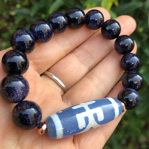 貴人天珠×ブルーゴールドストーン12mm 天然石ブレスレット ユニ