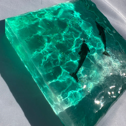 新作 インテリアアートブロック エメラルドグリーンの海とペアのイルカ