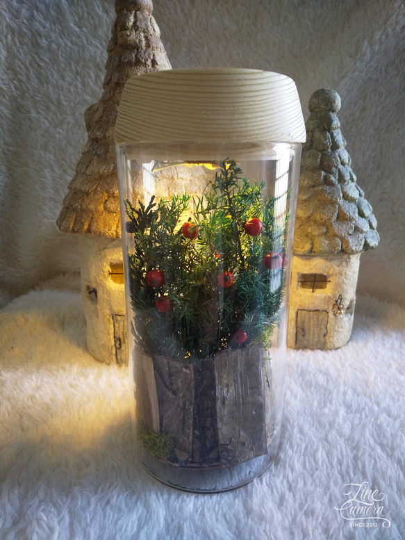 【再販】【受注販売】LEDライト付き ボトルランプ 「りすの住む森のクリスマス」 ボトルライト ボトルフラワー 4枚目の画像