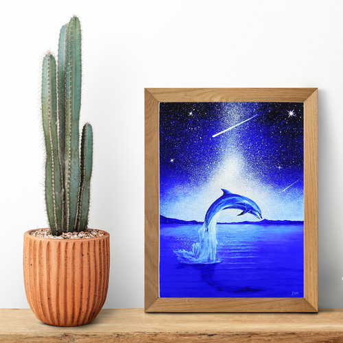 A4アートプリント『流星』高光沢紙/流れ星/イルカ 額無し 版画 おや