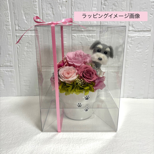 ちょこんと顔出す シュナウザー（右側）＆ プリザーブドフラワー