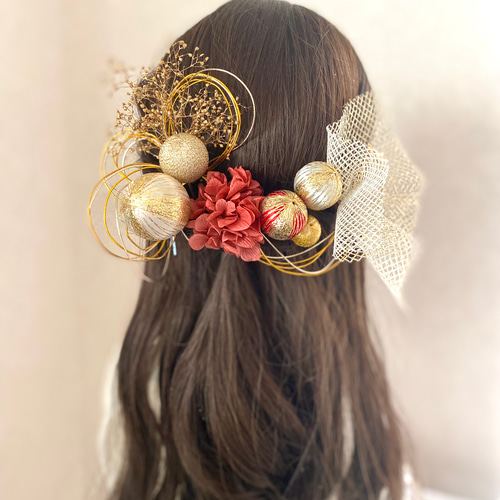 希少になる 和玉とドライフラワーの髪飾り ハーフツイン 金箔＆水引付き のし・冠婚葬祭用品
