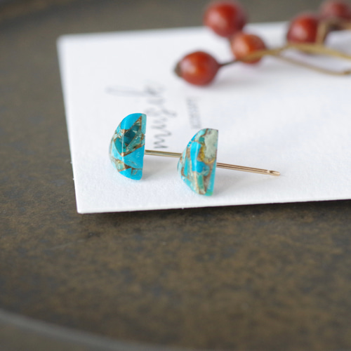 14kgf *リーフ×コッパーターコイズ×選べるルース ピアスセット ノン