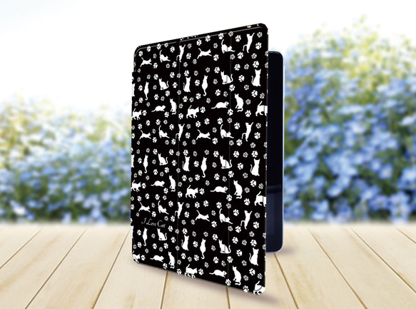【I Love Cat-ブラック 】手帳型iPadケース【バックカバー：ハードタイプ】片面印刷/カメラ穴有/はめ込み式 2枚目の画像