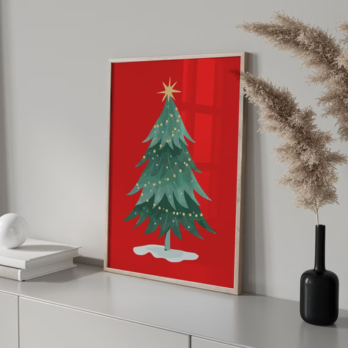 アートポスター クリスマス ツリー レトロ 赤 グリーン ゴールド 北欧
