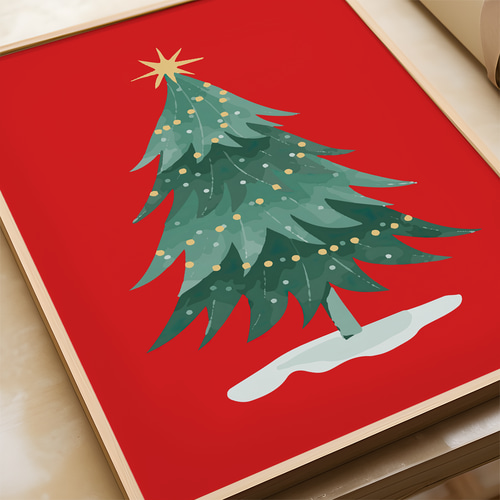 アートポスター クリスマス ツリー レトロ 赤 グリーン ゴールド 北欧