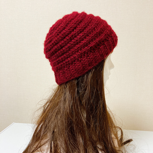ニット帽 ワインレッド 手編み ビーニー 軽い ハンドメイド 男女兼用