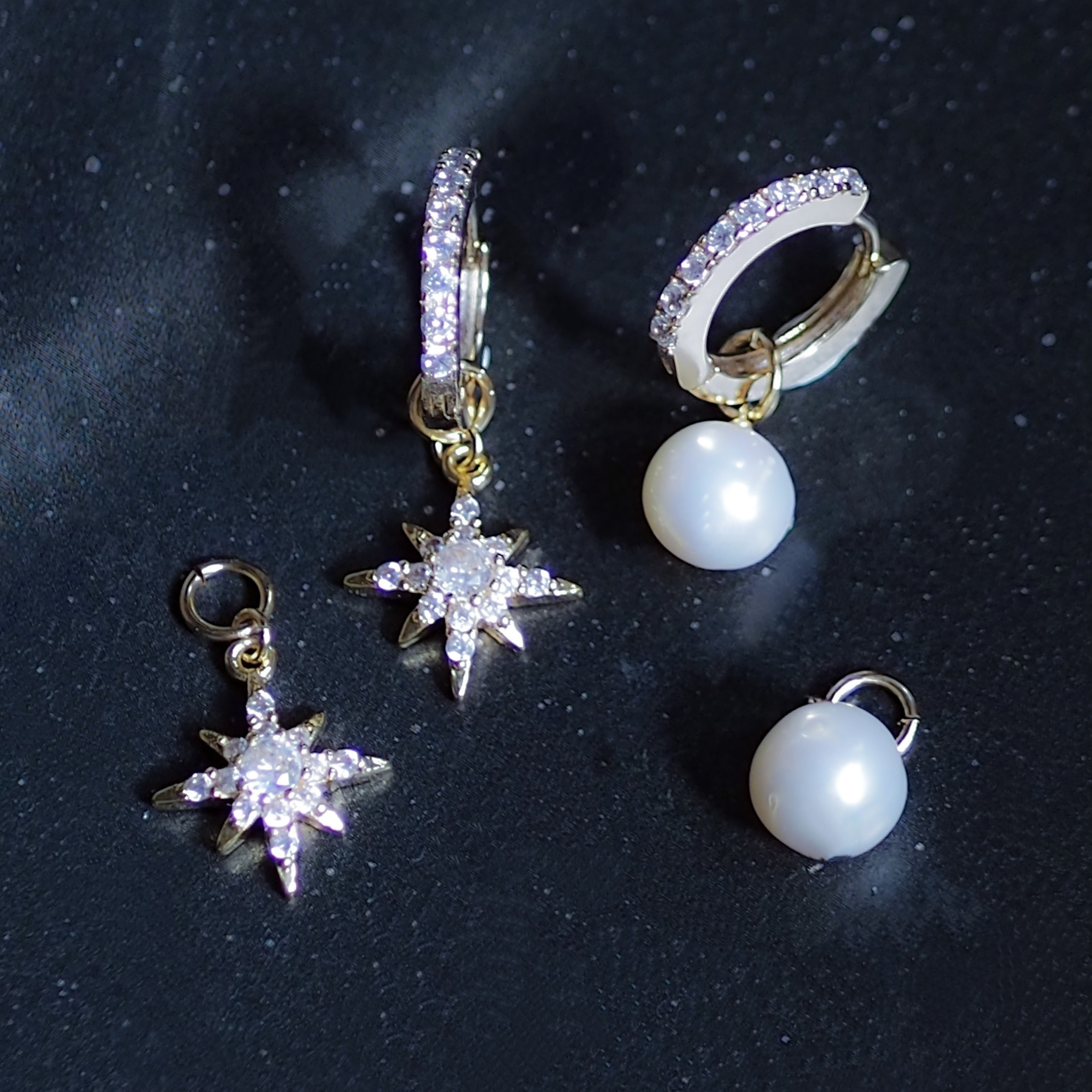 ◆3WAY ロマンチックな星とパール　チャームで楽しむフープピアス　アレルギー対応