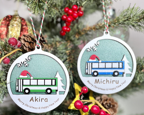 はたらく車のクリスマス☆名入れ☆オーナメント第3弾 バス 置台付き