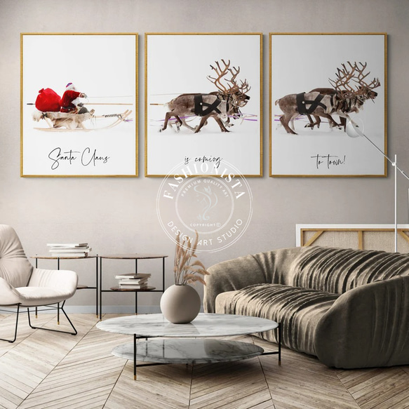 アートポスター クリスマス 北欧風 サンタクロース トナカイ シンプルモダン おしゃれ 3枚セット 1枚目の画像