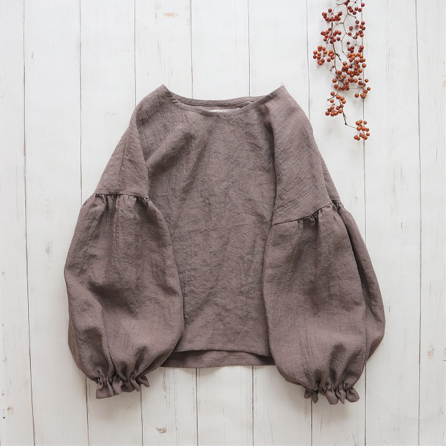 coco バルーンブラウス 長袖  Belgium linen 100% *mocha　※受注制作※