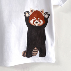 キッズ レッサーパンダ柄Tシャツ ホワイト　手描きで描いた動物柄Tシャツ 2枚目の画像