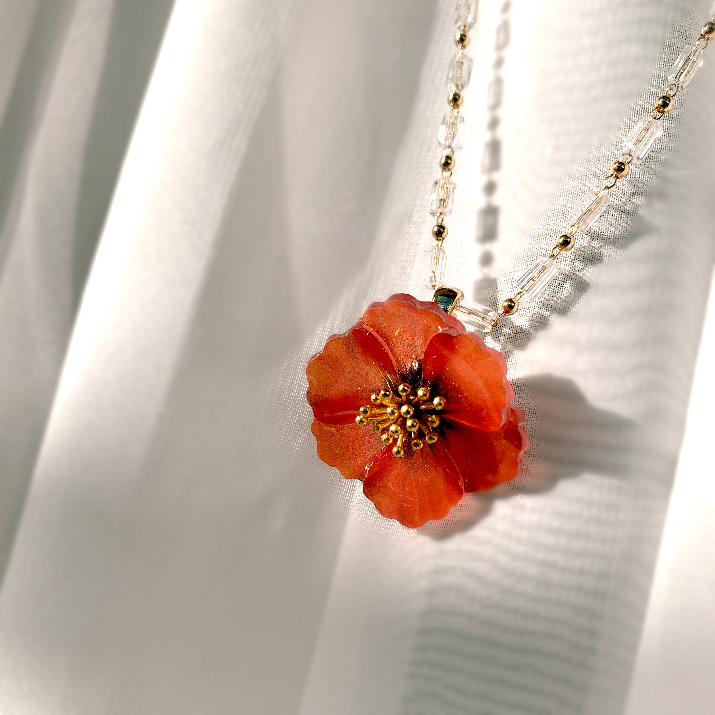 ネックレス ケシの花 樹脂 ラインストーン クリスタル イヤリング