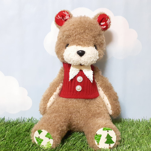 サンタ帽子付き○ツリー柄クリスマスくまさんソックドール○靴下
