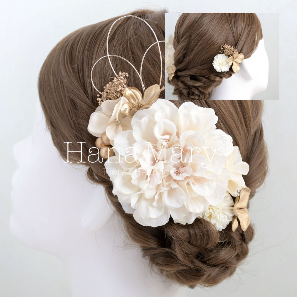 七五三　ドライフラワー　ドライ　水引き　卒業式　成人式 髪飾り ゴールド　水引アレンジ　水引きアレンジ　ホワイトゴールド