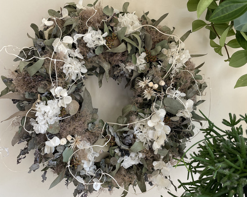 再販】Dryユーカリandホワイト紫陽花リース ドライフラワー Karan ka