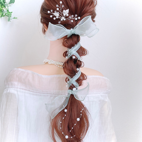 オーガンジーリボン♡雪の結晶♡オーシャンブルー♡ヘアリボン ブラック】3点セット シアーリボン Uピン オーガンジーリボン