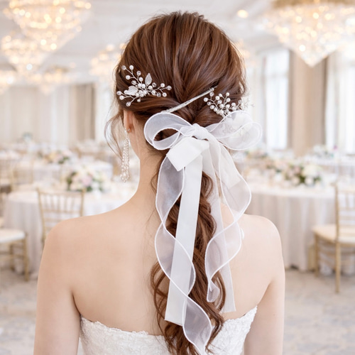 パール ＆ ホワイト 】ポニーフック/ シアー リボン ヘアリボン 結婚式
