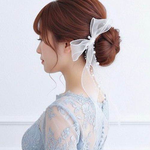 パール ＆ ホワイト 】ポニーフック/ シアー リボン ヘアリボン 結婚式
