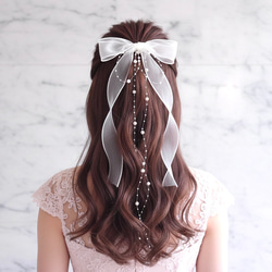 パール ＆ ホワイト 】ポニーフック/ シアー リボン ヘアリボン 結婚式