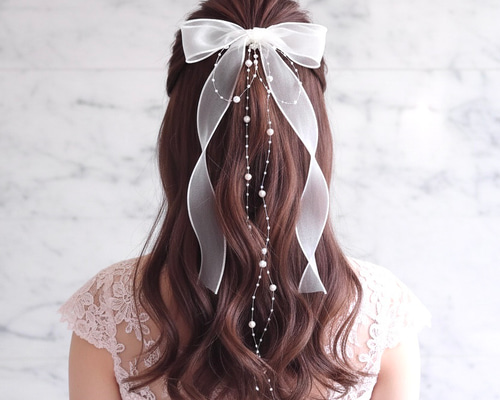 パール ＆ ホワイト 】ポニーフック/ シアー リボン ヘアリボン 結婚式
