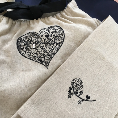 おから染エプロン 麻 ナプキン付き ハート刺繍 その他ファッション
