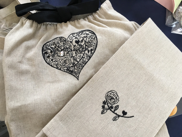 おから染エプロン 麻 ナプキン付き ハート刺繍 その他ファッション