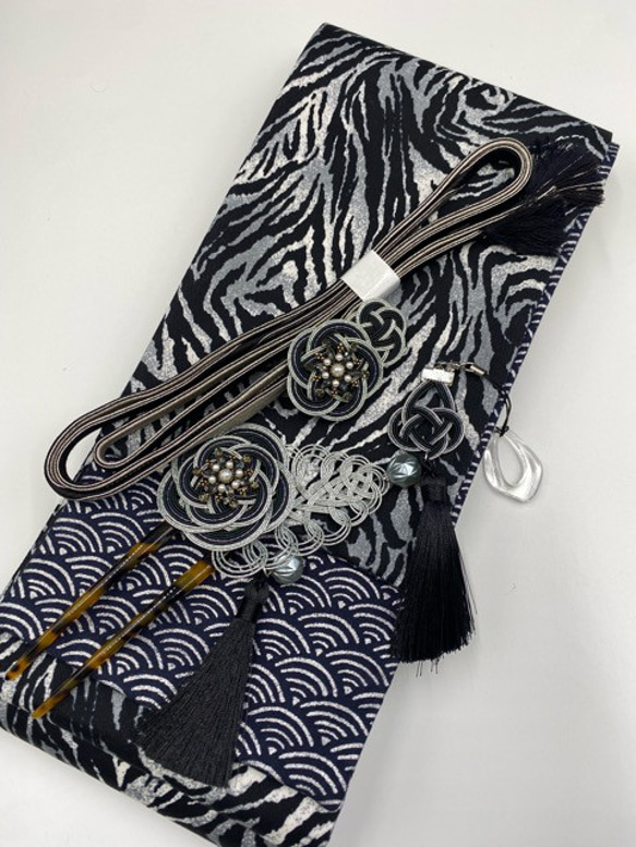 目玉商品】4313木綿半幅帯 龍柄 ベージュ色 豪華帯留め・根付・帯締め