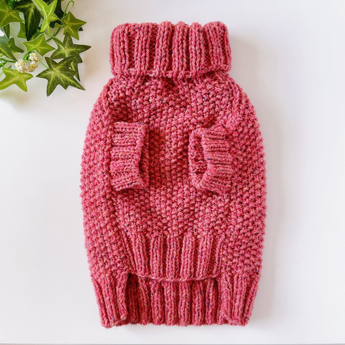 犬服 手編みセーター 濃いピンク 胴回り40cm ペット服