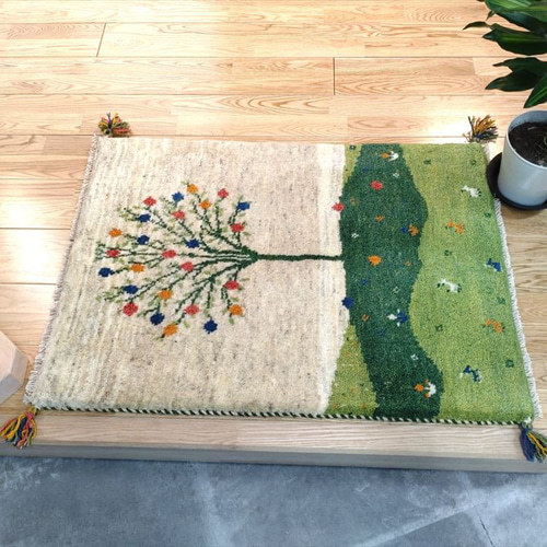 希少価値】ペルシャ ギャッベ ザクロの木 美しい風景柄 88x62cm 厚み