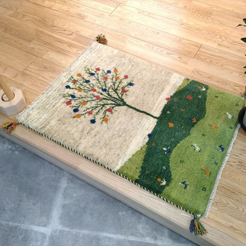 希少価値】ペルシャ ギャッベ ザクロの木 美しい風景柄 88x62cm 厚み