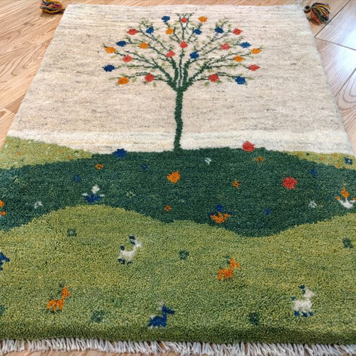 希少価値】ペルシャ ギャッベ ザクロの木 美しい風景柄 88x62cm 厚み