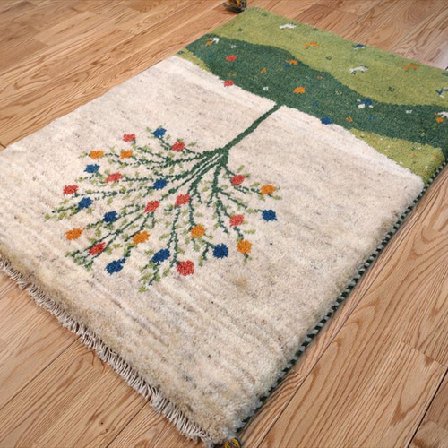 希少価値】ペルシャ ギャッベ ザクロの木 美しい風景柄 88x62cm 厚み