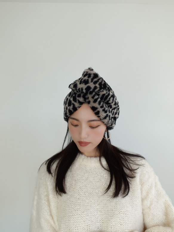 促銷！QPPA®︎ 義大利豹紋生態皮草裝扮鋼絲頭巾復古 第11張的照片