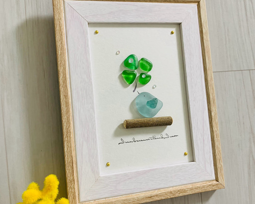 シーグラスアート 海の宝石 幸せの青い鳥 四葉のクローバー インテリア