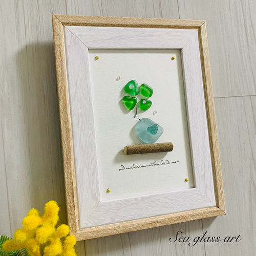 シーグラスアート 海の宝石 幸せの青い鳥 四葉のクローバー インテリア