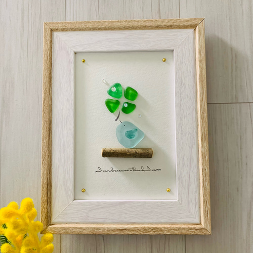 シーグラスアート 海の宝石 幸せの青い鳥 四葉のクローバー インテリア