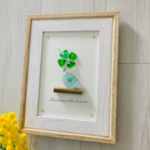 シーグラスアート 海の宝石 幸せの青い鳥 四葉のクローバー インテリア