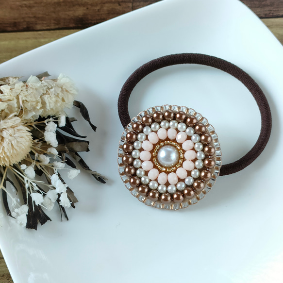 ビーズ刺繍◇ヘアゴム＃052クリームブラウン ヘアゴム isoa/イソア 