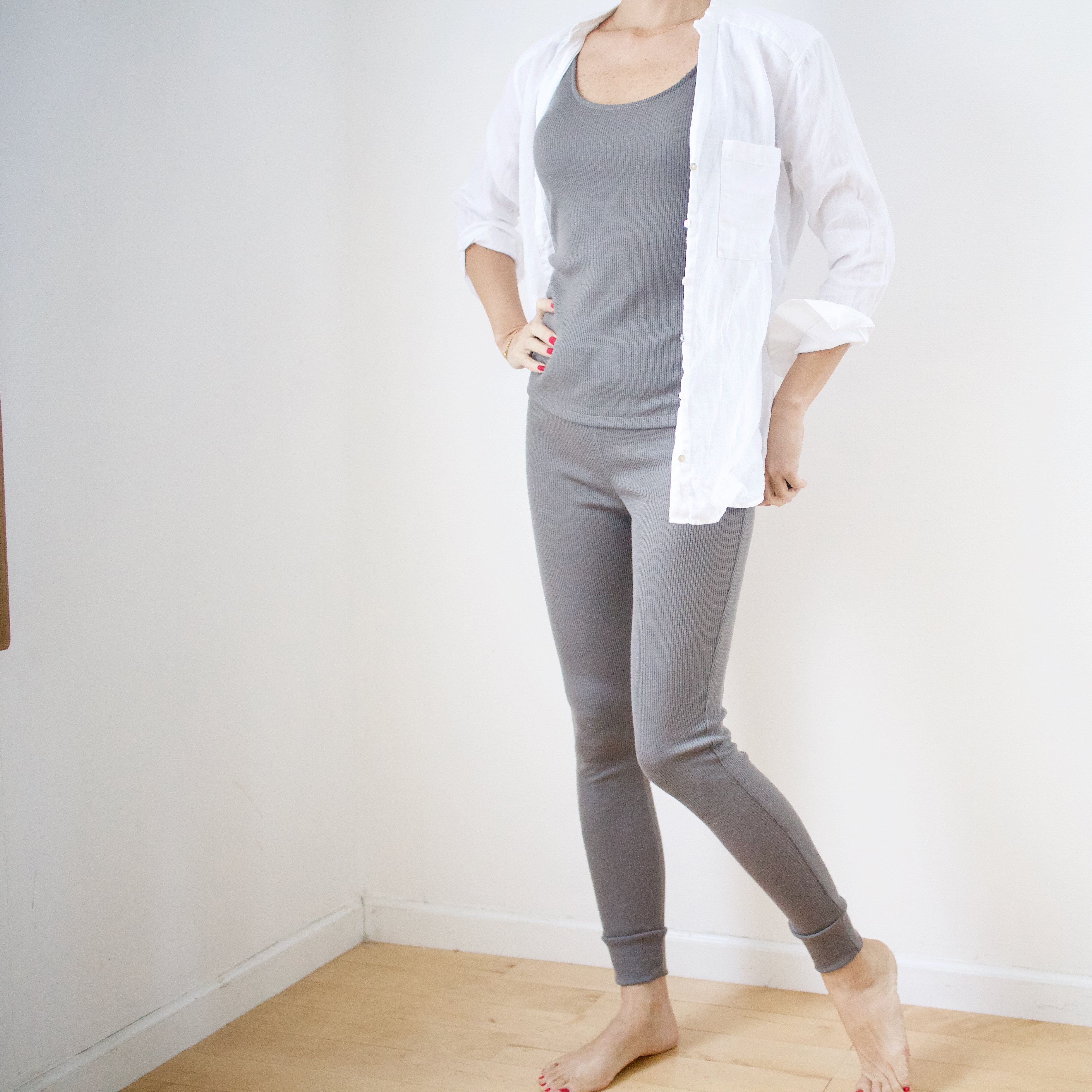 【ウール100% インナー】ウールリブレギンス   グレイッシュカーキ