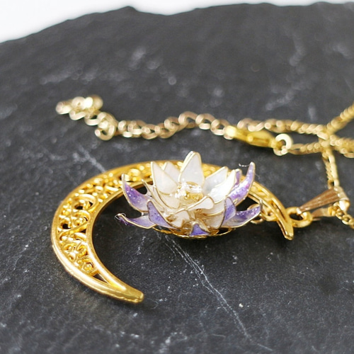 月下美人と三日月のネックレス ディップフラワー 16kgfチェーン