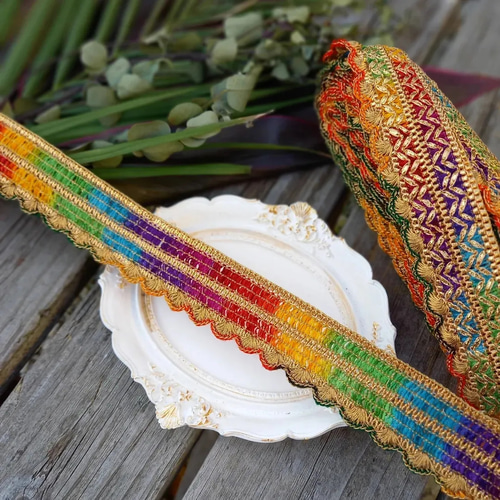 インド刺繍リボンno.183 (25cm・太め・マルチカラー・虹色・フリンジ