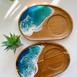 海のアカシアプレート！おうちカフェ ウッドプレート 木製トレイ 海のハンドメイド 1枚目の画像